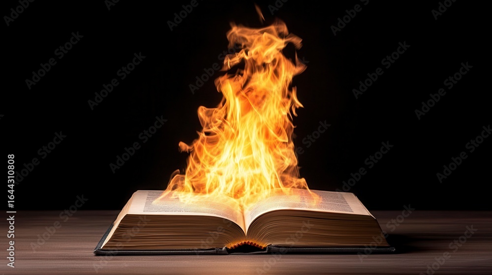 Poster an open book engulfed in flames, symbolizing the power of knowledge and the destructive potential of