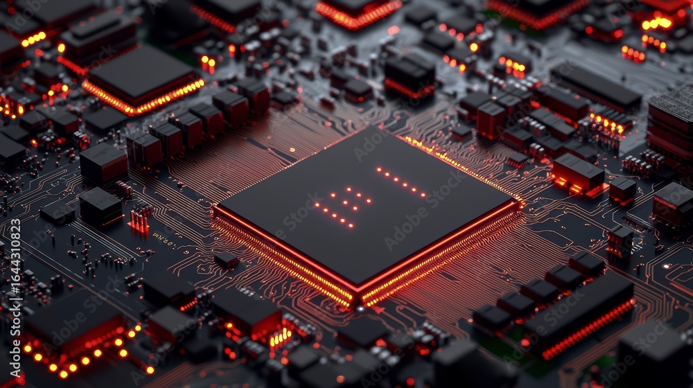 Poster an intricate close-up of a modern circuit board featuring glowing components and intricate pathways,