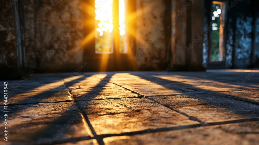 Poster Sunlight streaming through weathered windows, illuminating the textured floor of an abandoned building at dusk