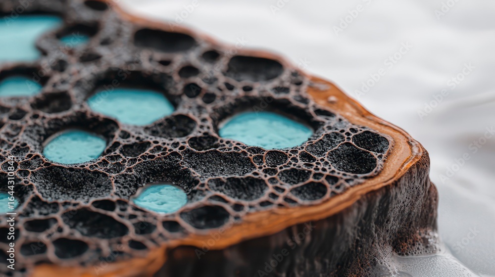 Poster close-up view of a textured abstract design featuring porous material with blue accents against a so