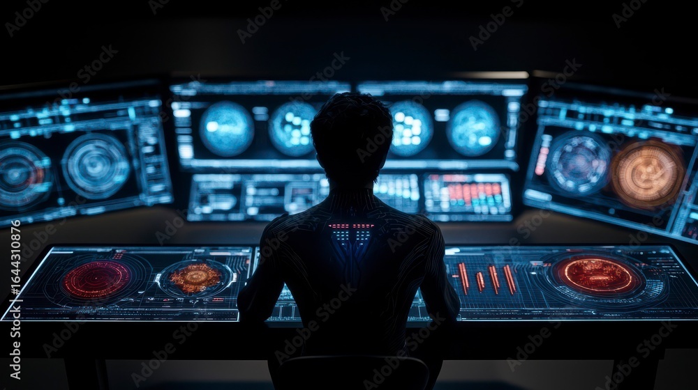 Poster futuristic digital interface with user analyzing complex data, illuminated screens, and high-tech en