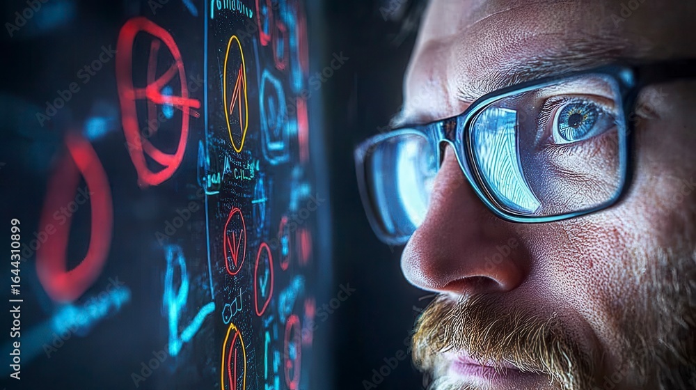 Poster intense focus of a man studying complex data visualizations on a digital screen in a modern technolo