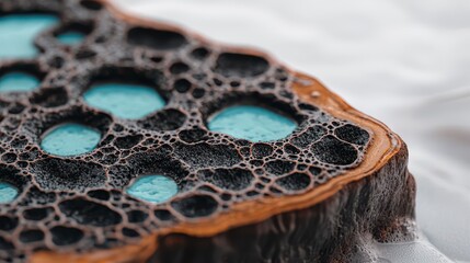 Close-up view of a textured abstract design featuring porous material with blue accents against a soft background