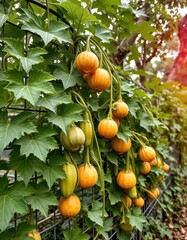 Bitter melon vines sprawling across a wire fence, lush green leaves and fruits, momordica charantia, nature, leaves