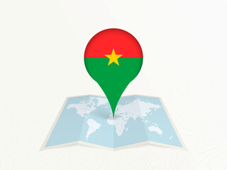 Burkina Faso Map Pin with National Flag on Open World Map.