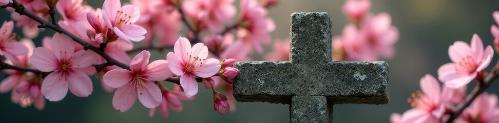 Obraz premium Delicate pink blossoms weaving around weathered stone cross , religious, cross