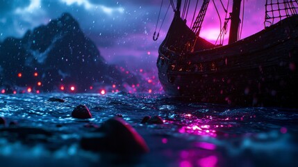A mystical ship sailing through a tempestuous sea illuminated by vibrant purple and blue hues under a stormy sky