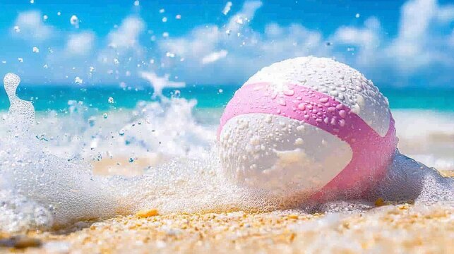 Colorful beach volleyball splashing in the surf on a sunny day, capturing summer fun and excitement - Powered by Adobe