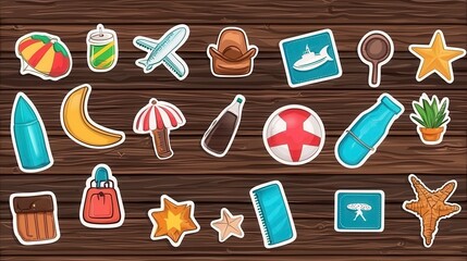 Colorful collection of summer-themed stickers showcasing beach and travel elements for fun and creativity