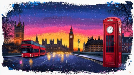 Stunning urban sunset view of London featuring iconic red double-decker bus and telephone booth against a vibrant skyline