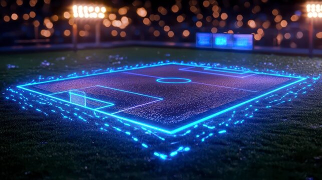 Illuminated soccer field surrounded by bright stadium lights at night, showcasing a modern and high-tech atmosphere.