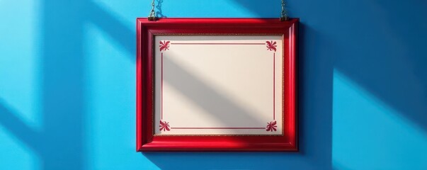 Red and blue certificate hanging on a blue wall, certificate, decoration