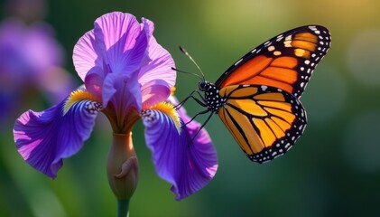 A monarch butterfly sips nectar from a regal purple iris, its body a striking contrast to the flower's majesty, monarch butterfly, bloom
