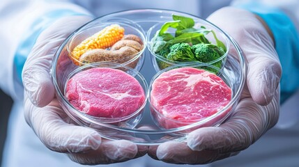 Fresh and healthy food options presented in a laboratory setting, showcasing various ingredients like meat, vegetables, and nuts