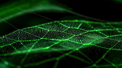 Close-up of raindrops on a green leaf, showcasing intricate patterns and textures against a dark background