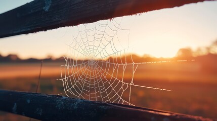 Morning dew glistens on a spider web captured in soft sunlight on a wooden fence, showcasing the intricate design.