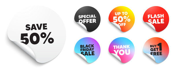 Discount sticker tag. Special offer paper price tags. Save 50 percent off tag. Sale Discount offer price sign. Special offer symbol. Discount, black friday sticker. Promo banner. Vector