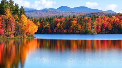 Stunning autumn landscape reflecting vibrant fall colors in tranquil lake with mountains in the background