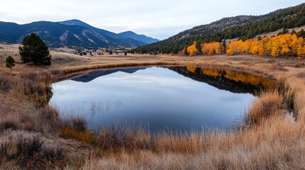 Serene autumn landscape with a tranquil lake reflecting mountains and golden trees in a rural setting