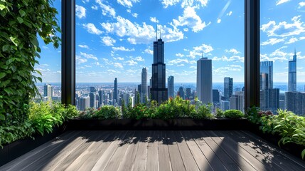 A stunning panoramic view of a modern city skyline from a lush indoor garden with green plants and bright blue sky