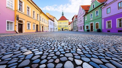 Charming cobblestone street in a colorful European town showcasing beautiful pastel buildings and vibrant architecture
