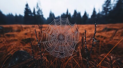 Intricate spider web adorned with dew droplets glistening in the morning light amidst a serene autumn landscape