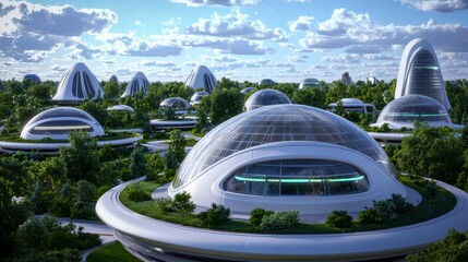 Futuristic cityscape showcasing advanced architecture with lush greenery in a utopian landscape under a bright blue sky