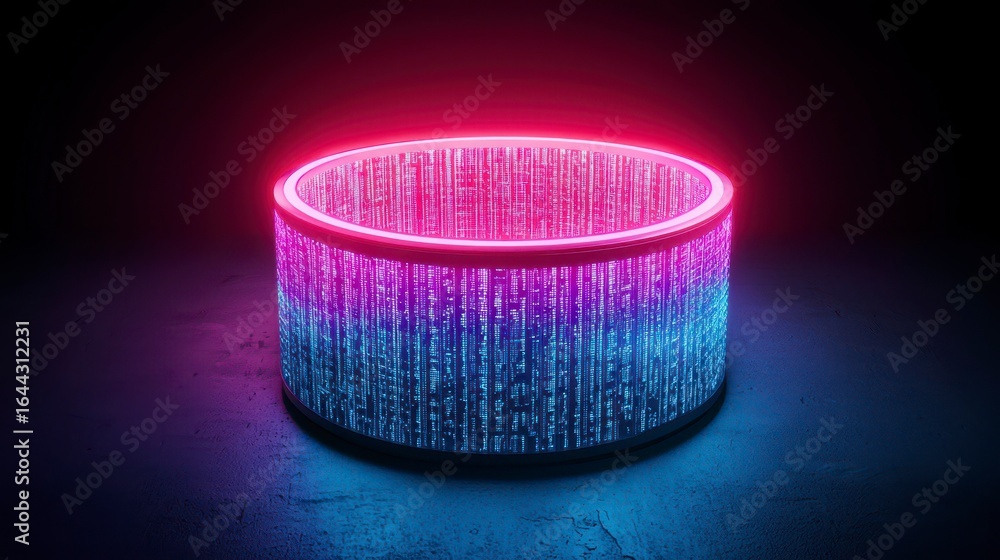Poster a vibrant neon display of illuminated pixels creating a futuristic digital cylinder on a dark backgr