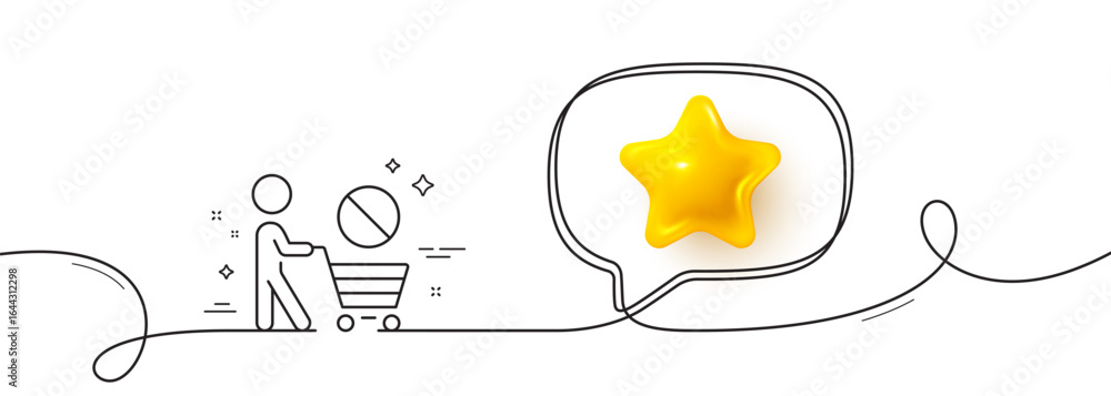 Poster stop shopping line icon. continuous line with 3d star. no panic buying sign. man with shopping cart 