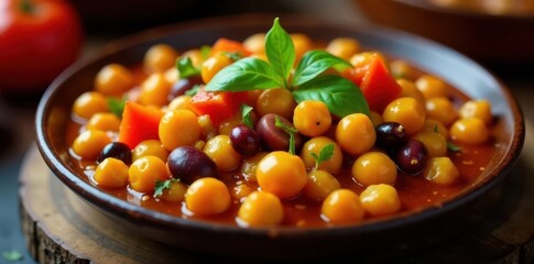 Colorful medley of chickpeas and broad beans in a rich, flavorful Moroccan vegetable stew , broth, spicy, chickpea
