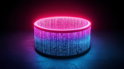 A vibrant neon display of illuminated pixels creating a futuristic digital cylinder on a dark background.