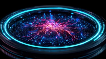 A mesmerizing display of vibrant cosmic energy radiating from a futuristic circular surface, illuminated by glowing neon colors
