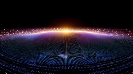A mesmerizing digital landscape showcasing vibrant light patterns and shimmering particles against a dark background