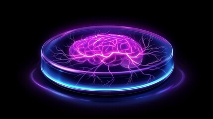 Futuristic representation of a glowing brain enclosed in a glass petri dish, symbolizing advanced neuroscience and technology.