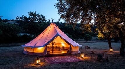 A beautifully lit glamping tent surrounded by nature at dusk, creating a cozy atmosphere for relaxation and escape