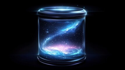A mesmerizing cosmic jar capturing a swirling galaxy filled with stars and vibrant colors against a dark background