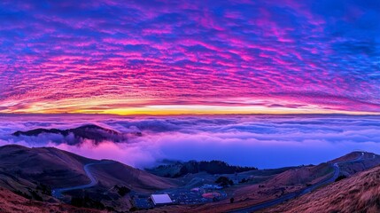 Stunning panoramic view of vibrant sunset colors illuminating a sea of clouds over rolling hills and valleys