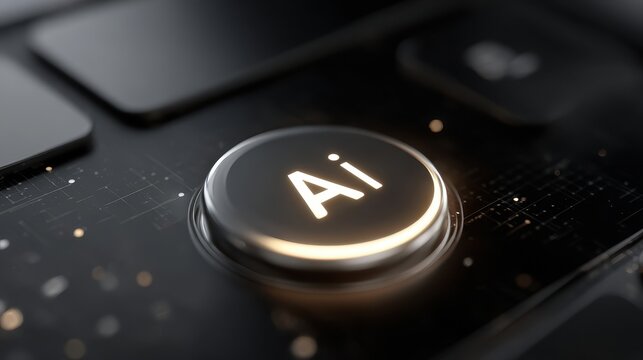 Person activating artificial intelligence by touching glowing button at night