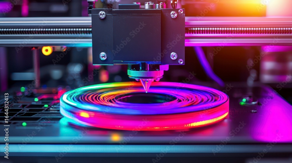 Poster high-tech 3d printer in action, showcasing vibrant filament colors and advanced technology in a mode