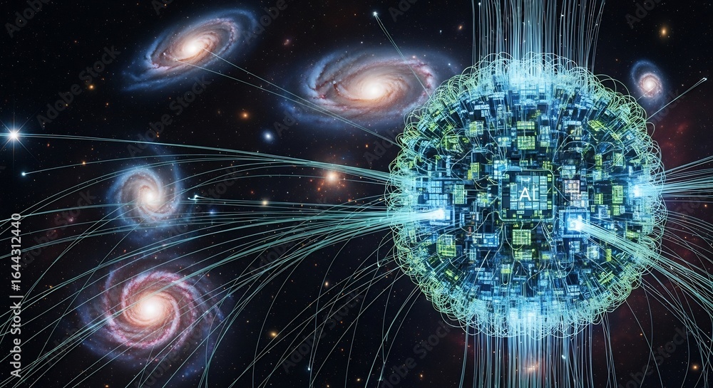 Poster vast ai supercomputer sphere emitting data streams across a cosmic galaxy field