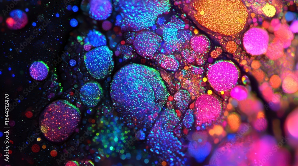 Poster abstract macro image of multicolored oil droplets on water creating a mesmerizing blend of vibrant h