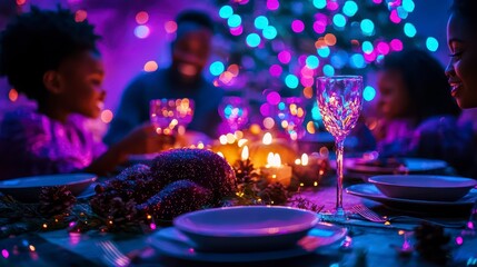 A joyful holiday gathering with family around a beautifully set table, adorned with festive decorations and vibrant lights.