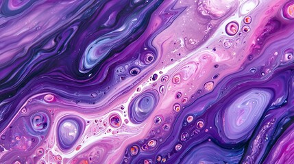 Captivating abstract fluid art featuring vibrant purple, pink, and white swirls with circular patterns and glossy textures