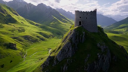 Aerial view of an ancient stone tower standing majestically atop a rocky hill, surrounded by lush green valleys and dramatic mountains