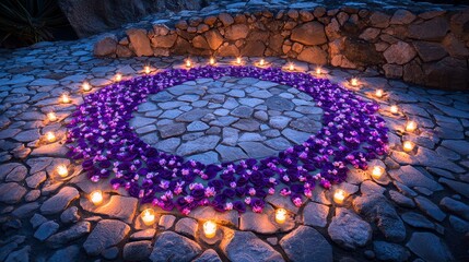 A tranquil arrangement of purple flowers and candles illuminated at dusk, creating a serene atmosphere in a stone setting.