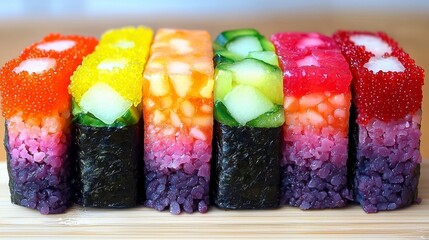 Vibrantly colorful sushi rolls arranged in a striking display, showcasing fresh ingredients and artisan craftsmanship for culinary enjoyment.