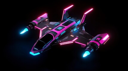 Futuristic neon spaceship with vibrant glowing lights and sleek design soaring through the digital cosmos