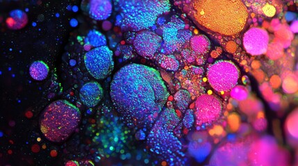 Abstract macro image of multicolored oil droplets on water creating a mesmerizing blend of vibrant hues and textures