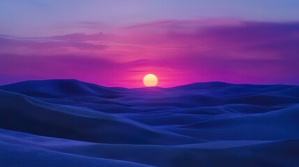 A stunning sunset over rolling desert dunes, casting vibrant hues of purple and orange across the tranquil landscape