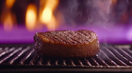 Juicy grilled steak on the barbecue sizzling with smoke against a fire background, perfect for gourmet cooking visuals